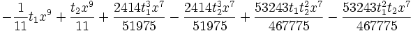 -\frac{1}{11} t_1 x^9+\frac{t_2    x^9}{11}+\frac{2414 t_1^3 x^7}{51975}-\frac{2414 t_2^3 x^7}{51975}+\frac{53243 t_1 t_2^2    x^7}{467775}-\frac{53243 t_1^2 t_2 x^7}{467775}