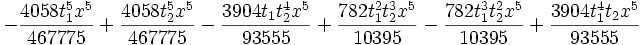 -\frac{4058 t_1^5 x^5}{467775}+\frac{4058 t_2^5    x^5}{467775}-\frac{3904 t_1 t_2^4 x^5}{93555}+\frac{782 t_1^2 t_2^3 x^5}{10395}-\frac{782 t_1^3 t_2^2    x^5}{10395}+\frac{3904 t_1^4 t_2 x^5}{93555}