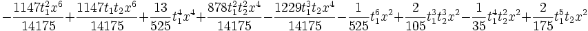 -\frac{1147 t_1^2 x^6}{14175}+\frac{1147 t_1 t_2    x^6}{14175}+\frac{13}{525} t_1^4 x^4+\frac{878 t_1^2 t_2^2 x^4}{14175}-\frac{1229 t_1^3 t_2 x^4}{14175}-\frac{1}{525} t_1^6    x^2+\frac{2}{105} t_1^3 t_2^3 x^2-\frac{1}{35} t_1^4 t_2^2 x^2+\frac{2}{175} t_1^5 t_2 x^2