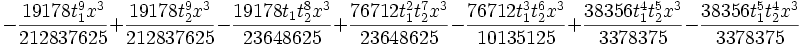-\frac{19178 t_1^9 x^3}{212837625}+\frac{19178 t_2^9 x^3}{212837625}-\frac{19178 t_1    t_2^8 x^3}{23648625}+\frac{76712 t_1^2 t_2^7 x^3}{23648625}-\frac{76712 t_1^3 t_2^6 x^3}{10135125}+\frac{38356 t_1^4 t_2^5    x^3}{3378375}-\frac{38356 t_1^5 t_2^4 x^3}{3378375}