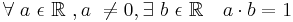 \forall\ a\ \epsilon\ \mathbb{R}\ , a\ \neq 0 ,  \exists\ b\ \epsilon\ \mathbb{R} \quad a \cdot b = 1\!