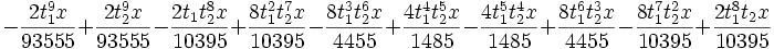 -\frac{2 t_1^9 x}{93555}+\frac{2 t_2^9 x}{93555}-\frac{2 t_1 t_2^8 x}{10395}+\frac{8 t_1^2 t_2^7 x}{10395}-\frac{8 t_1^3 t_2^6 x}{4455}+\frac{4 t_1^4 t_2^5 x}{1485}-\frac{4 t_1^5 t_2^4 x}{1485}+\frac{8 t_1^6 t_2^3 x}{4455}-\frac{8 t_1^7 t_2^2 x}{10395}+\frac{2 t_1^8 t_2 x}{10395}
