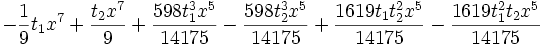 -\frac{1}{9} t_1 x^7+\frac{t_2 x^7}{9}+\frac{598 t_1^3 x^5}{14175}-\frac{598 t_2^3 x^5}{14175}+\frac{1619 t_1 t_2^2    x^5}{14175}-\frac{1619 t_1^2 t_2 x^5}{14175}