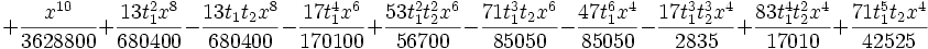 +\frac{x^{10}}{3628800}+\frac{13 t_1^2 x^8}{680400}-\frac{13 t_1 t_2 x^8}{680400}-\frac{17 t_1^4 x^6}{170100}+\frac{53 t_1^2 t_2^2 x^6}{56700}-\frac{71 t_1^3 t_2 x^6}{85050}-\frac{47 t_1^6 x^4}{85050}-\frac{17 t_1^3 t_2^3 x^4}{2835}+\frac{83 t_1^4 t_2^2 x^4}{17010}+\frac{71 t_1^5 t_2 x^4}{42525}