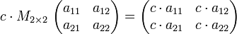  c\cdot M_{2\times 2}\ \begin{pmatrix} a_{11} & a_{12} \\ a_{21} & a_{22} \end{pmatrix}=\begin{pmatrix} c\cdot a_{11} & c\cdot a_{12} \\ c\cdot a_{21} & c\cdot a_{22} \end{pmatrix}