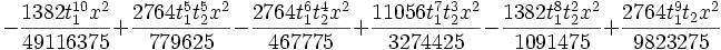 -\frac{1382 t_1^{10} x^2}{49116375}+\frac{2764 t_1^5 t_2^5    x^2}{779625}-\frac{2764 t_1^6 t_2^4 x^2}{467775}+\frac{11056 t_1^7 t_2^3 x^2}{3274425}-\frac{1382 t_1^8 t_2^2 x^2}{1091475}+\frac{2764    t_1^9 t_2 x^2}{9823275}
