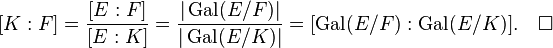 [K:F] = \frac{[E:F]}{[E:K]} = \frac{|\operatorname{Gal}(E/F)|}{|\operatorname{Gal}(E/K)|} = [\operatorname{Gal}(E/F):\operatorname{Gal}(E/K)].\quad\Box