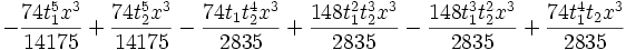 -\frac{74 t_1^5 x^3}{14175}+\frac{74 t_2^5 x^3}{14175}-\frac{74 t_1 t_2^4    x^3}{2835}+\frac{148 t_1^2 t_2^3 x^3}{2835}-\frac{148 t_1^3 t_2^2 x^3}{2835}+\frac{74 t_1^4 t_2 x^3}{2835}