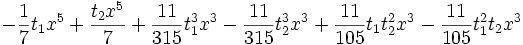 -\frac{1}{7} t_1 x^5+\frac{t_2 x^5}{7}+\frac{11}{315} t_1^3    x^3-\frac{11}{315} t_2^3 x^3+\frac{11}{105} t_1 t_2^2 x^3-\frac{11}{105} t_1^2 t_2 x^3