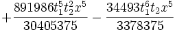 +\frac{891986 t_1^5 t_2^2    x^5}{30405375}-\frac{34493 t_1^6 t_2 x^5}{3378375}