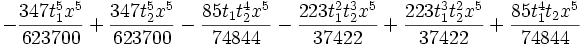 -\frac{347 t_1^5 x^5}{623700}+\frac{347 t_2^5 x^5}{623700}-\frac{85 t_1 t_2^4 x^5}{74844}-\frac{223 t_1^2 t_2^3 x^5}{37422}+\frac{223 t_1^3 t_2^2 x^5}{37422}+\frac{85 t_1^4 t_2 x^5}{74844}