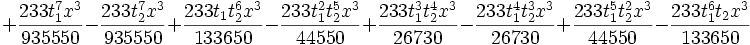 +\frac{233 t_1^7 x^3}{935550}-\frac{233 t_2^7 x^3}{935550}+\frac{233 t_1 t_2^6 x^3}{133650}-\frac{233 t_1^2 t_2^5 x^3}{44550}+\frac{233 t_1^3 t_2^4 x^3}{26730}-\frac{233 t_1^4 t_2^3 x^3}{26730}+\frac{233 t_1^5 t_2^2 x^3}{44550}-\frac{233 t_1^6 t_2 x^3}{133650}