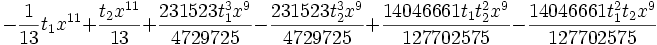 -\frac{1}{13} t_1 x^{11}+\frac{t_2    x^{11}}{13}+\frac{231523 t_1^3 x^9}{4729725}-\frac{231523 t_2^3 x^9}{4729725}+\frac{14046661 t_1 t_2^2 x^9}{127702575}-\frac{14046661    t_1^2 t_2 x^9}{127702575}