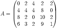 A=\begin{pmatrix}0&2&4&2&2\\4&4&4&8&0\\8&2&0&10&2\\6&3&2&9&1\end{pmatrix}