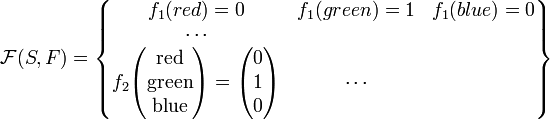 \mathcal F(S, F) = \left\{ \begin{matrix}
f_1(red) = 0 & f_1(green) = 1 & f_1(blue) = 0 \\
\cdots \\
f_2 \begin{pmatrix} \mbox{red} \\ \mbox{green} \\ \mbox{blue} \end{pmatrix} = \begin{pmatrix} 0 \\ 1 \\ 0 \end{pmatrix} & \cdots
\end{matrix} \right\}