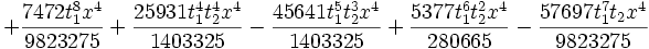 +\frac{7472 t_1^8 x^4}{9823275}+\frac{25931 t_1^4 t_2^4 x^4}{1403325}-\frac{45641 t_1^5 t_2^3 x^4}{1403325}+\frac{5377    t_1^6 t_2^2 x^4}{280665}-\frac{57697 t_1^7 t_2 x^4}{9823275}